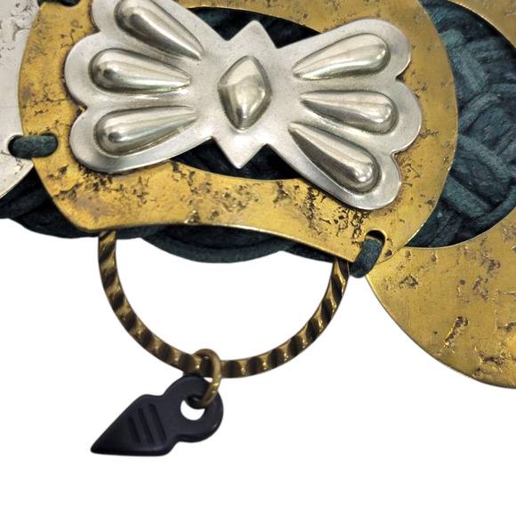 Baer SF Braided Belt Green Waxed Embellished Mixed Metals Discs Artsy Handmade - Picture 15 of 16